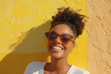 Poster - A woman wearing sunglasses stands in front of a bright yellow wall, perfect for use as a background or adding some fun to your design