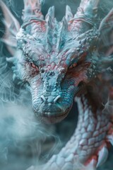 Poster - A close-up shot of a dragon's head with smoke emerging from its nostrils, ideal for fantasy-themed projects or illustrations