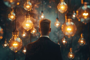 Poster - A person standing next to a collection of light bulbs, useful for illustrating concepts related to lighting or technology