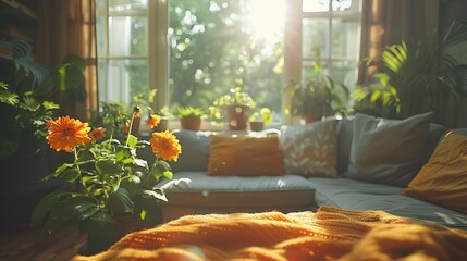 Wall Mural - Sunny Living Room with Flowers