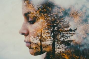 A woman's face with trees in the background, ideal for nature-inspired designs and illustrations