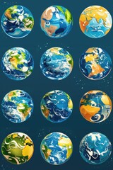 Poster - Collection of 9 different earth globes on wooden stand, great for education or decorative purposes
