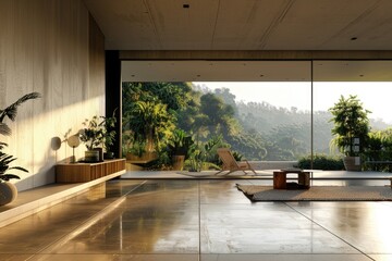 Poster - A warm and inviting living room with comfortable furniture and a large window allowing natural light to pour in, perfect for relaxation or reading