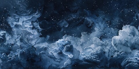 Poster - A dark blue night sky with white clouds and twinkling stars, perfect for use in astronomy or nature-themed projects