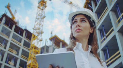 Poster - A woman wearing a hard hat holds a tablet, suitable for use in construction or industrial settings
