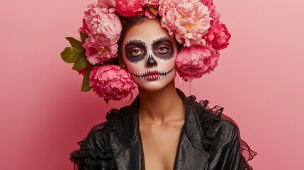 Portrait of pensive beautiful woman with creative halloween skull make up, wears big peonies wreath looks aside, has black clothes isolated on pink wall. Place for advertising. Female at All Souls day