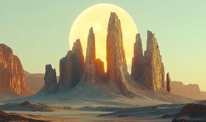 Poster - A Giant Moon Rises Over Tall Rock Formations in a Desert Landscape