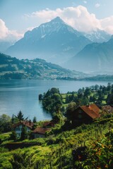 Poster - Scenic landscape with lake and surrounding mountains, suitable for travel or nature-inspired themes