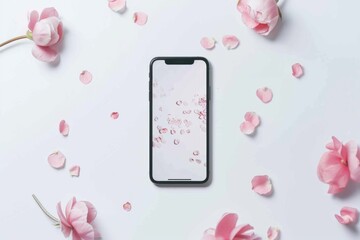 Aufkleber - A cell phone with pink flowers arranged on a white surface, great for still life or technology-themed illustrations