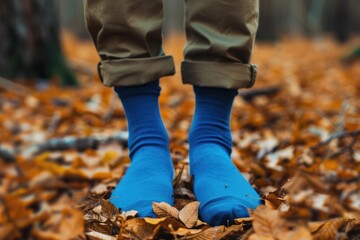 Poster - A person stands on a pile of leaves, wearing blue socks