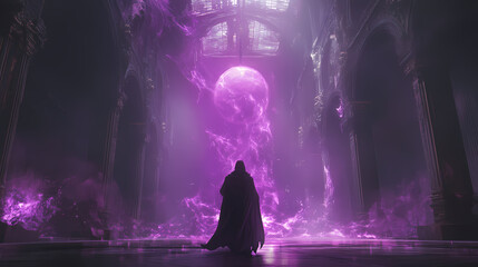 Fantasy fusion' around a mystical sorcerer in a grand hall, a style mixing reality and fantasy, in dreamy violet and mysterious shadow black. Sorcerer. Illustration