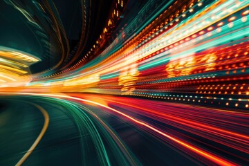 Poster - A blurry image of a city street at night with cars and buildings in the background