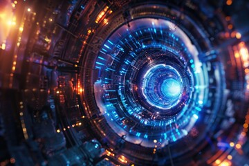 Poster - A blue and black circular object sits on a surface in a dimly lit room