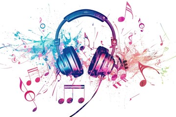 Poster - A pair of headphones emitting musical notes