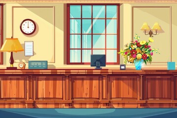 Poster - An office scene with a desk and a clock on the wall, perfect for illustrations of daily routine or work environments