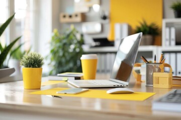 Poster - A laptop computer sits on a wooden desk