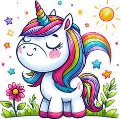 Wall Mural - cute cartoon rainbow unicorn with sun and stars