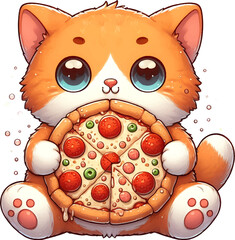 Sticker - cute cartoon cat with pizza