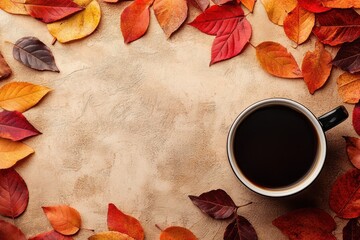 autumn coffee scene, hot coffee cup surrounded by autumn leaves, perfect for a cozy fall vibe with space for your text