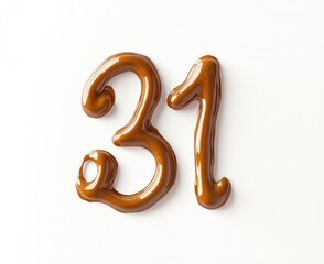 Burnt sienna liquid paint forming 31 on white background, isolated with soft shadows.