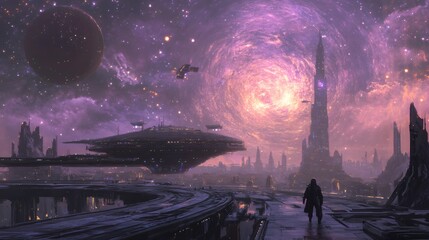 Wall Mural - A lone figure walks away from a futuristic city under a starry night sky and a glowing vortex.