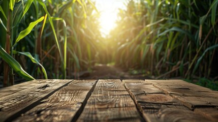 Canvas Print - Blurred sugarcane plantation background against empty wooden table. Exciting picture.