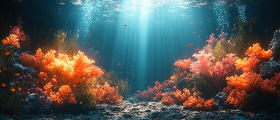 Poster - Underwater Scene with Sunbeams, Coral, and Fish