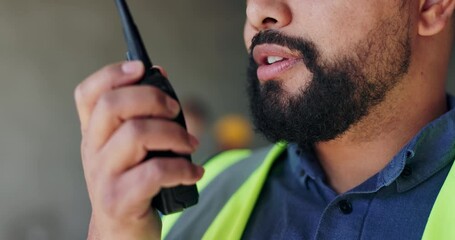 Aufkleber - Radio, contractor and hands with man on construction site for project management, property development and building inspection. Architecture, update and communication with person for engineering