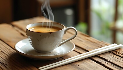 Wall Mural - A cup of fragrant coffee is quietly placed on the wooden table with a pair of white chopsticks next to it, creating a simple and warm atmosphere.