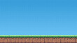 © hiten666 - pixel art retro game level, 8 bit 2d video game background, pixel template. stones, grass and blue sky. Vector illustration