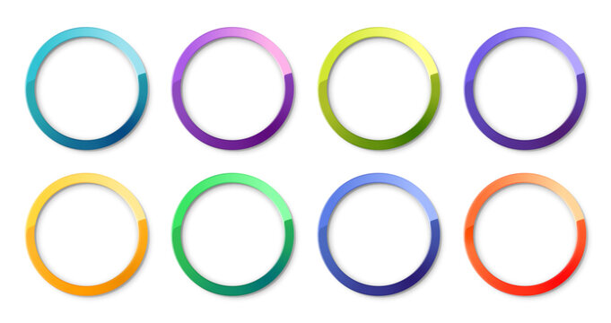 Set of colored circles for design, shiny metallic circles. realistic glare in different colors, on white background, vector illustration