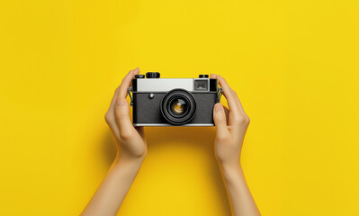 hands holding vintage camera against vibrant colored background. mockup image, advertising poster, p