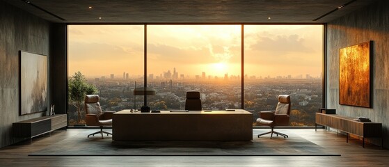 Canvas Print - Modern Office Interior with City Skyline View at Sunset