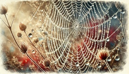 watercolor painting showing a macro view of dew-kissed spiderweb glistening in the early autumn sun