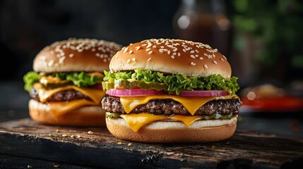 Two tasty cheeseburgers close-up with melted cheese, lettuce, and tomato on sesame bun. Ideal for fast food, restaurant menus