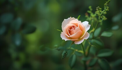 A delicate rose is half-hidden in the green plants, showing the harmonious beauty of nature.