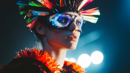 A woman wearing neon-colored glasses and a colorful headdress looks to the side, lit by a blue light in a dark setting.