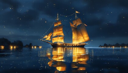 Wall Mural - A ship sailing on the quiet water at night, its hull glows with golden light reflected by the stars, surrounded by dark sky and water, creating a mysterious and beautiful atmosphere.