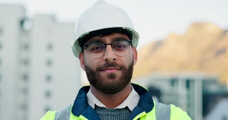 Poster - Man, architect and helmet with confidence in city for construction, building or architecture on outdoor rooftop. Portrait, male person or civil engineer with hard hat or safety equipment in England