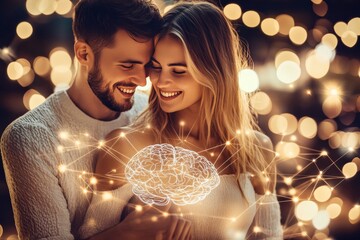 Sticker - Brain system pathways High IQ Romantic couple holding a glowing brain symbolizing the shared intellectual pursuits and deep connection in their loving relationship