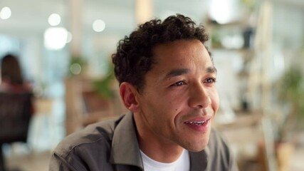 Poster - Business man, thinking or reading email, problem solving or watch webinar at night. Smile, creative employee or working on project at startup for research, review or writer squint on deadline closeup