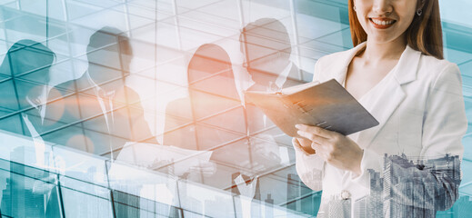 Wall Mural - double exposure image of success business people on abstract modern city background. future business