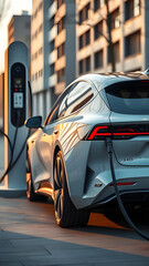 Electric vehicle charging at sunset on a city street near modern buildings