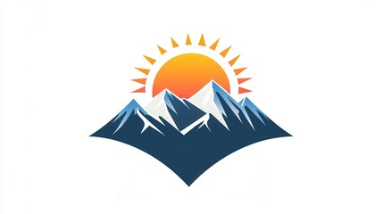 Poster - This design features minimalist snow-capped mountains highlighted by a bright sun rising behind them, capturing a tranquil early morning vibe. Generative AI