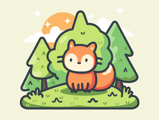 Poster - Cute cartoon fox in the forest. Vector illustration in flat style