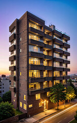 modern newly built apartment complex near the city center in the evening, urban development and inner-city housing shortage