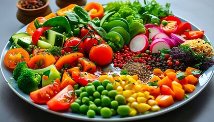 A colorful plate of food, including fresh vegetables, a variety of seasonings and staple foods, presents an alluring delicacy and makes people mouth watering.