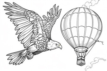 A majestic eagle soaring alongside a vintage hot air balloon, showcasing freedom and adventure in a captivating black and white illustration.