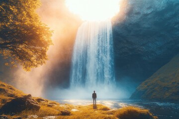 Canvas Print - Man Standing Before Majestic Waterfall