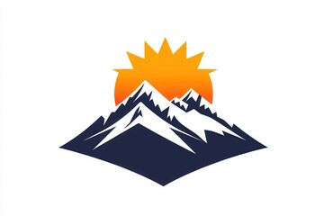 Poster - A minimalist design features snow-covered mountains with a bright sun rising behind, evoking feelings of adventure and tranquility in nature. Generative AI